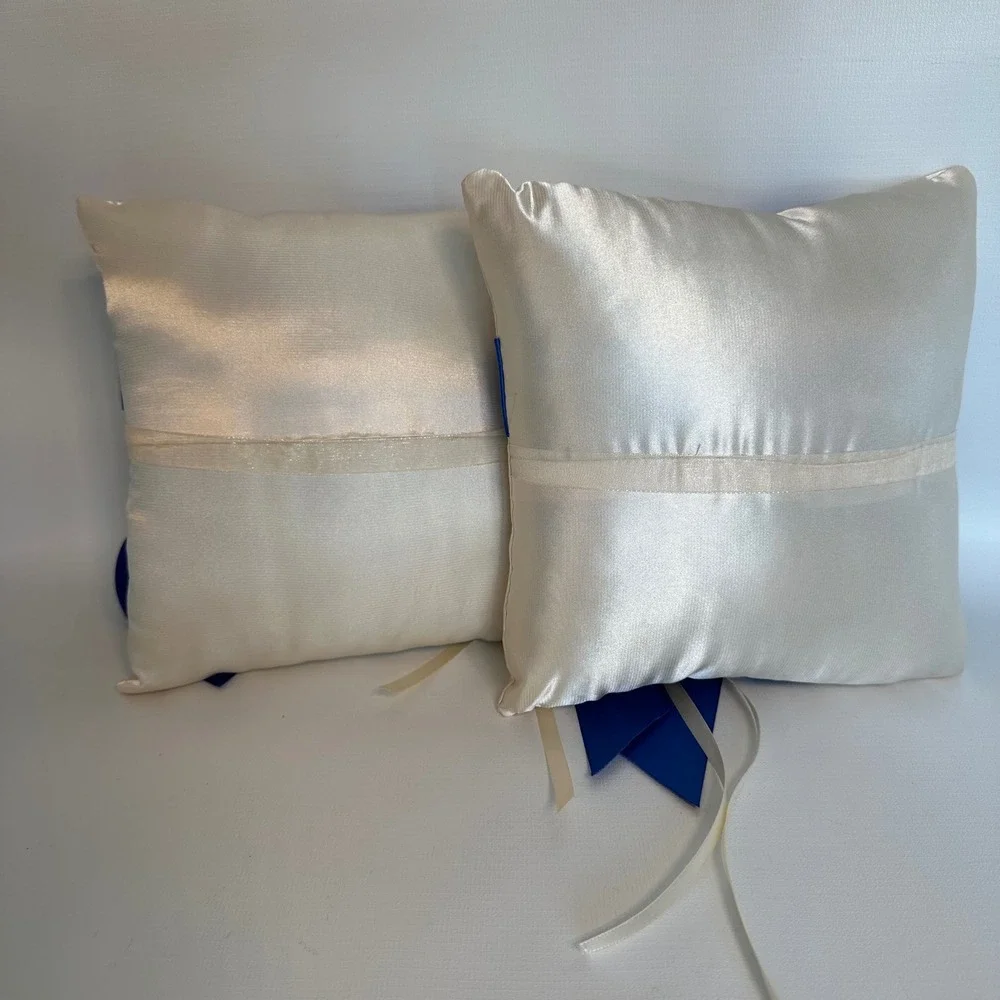 Wedding Ring‎ Bearer Pillow Ivory Satin Royal Blue Ribbon Bow Set of 2